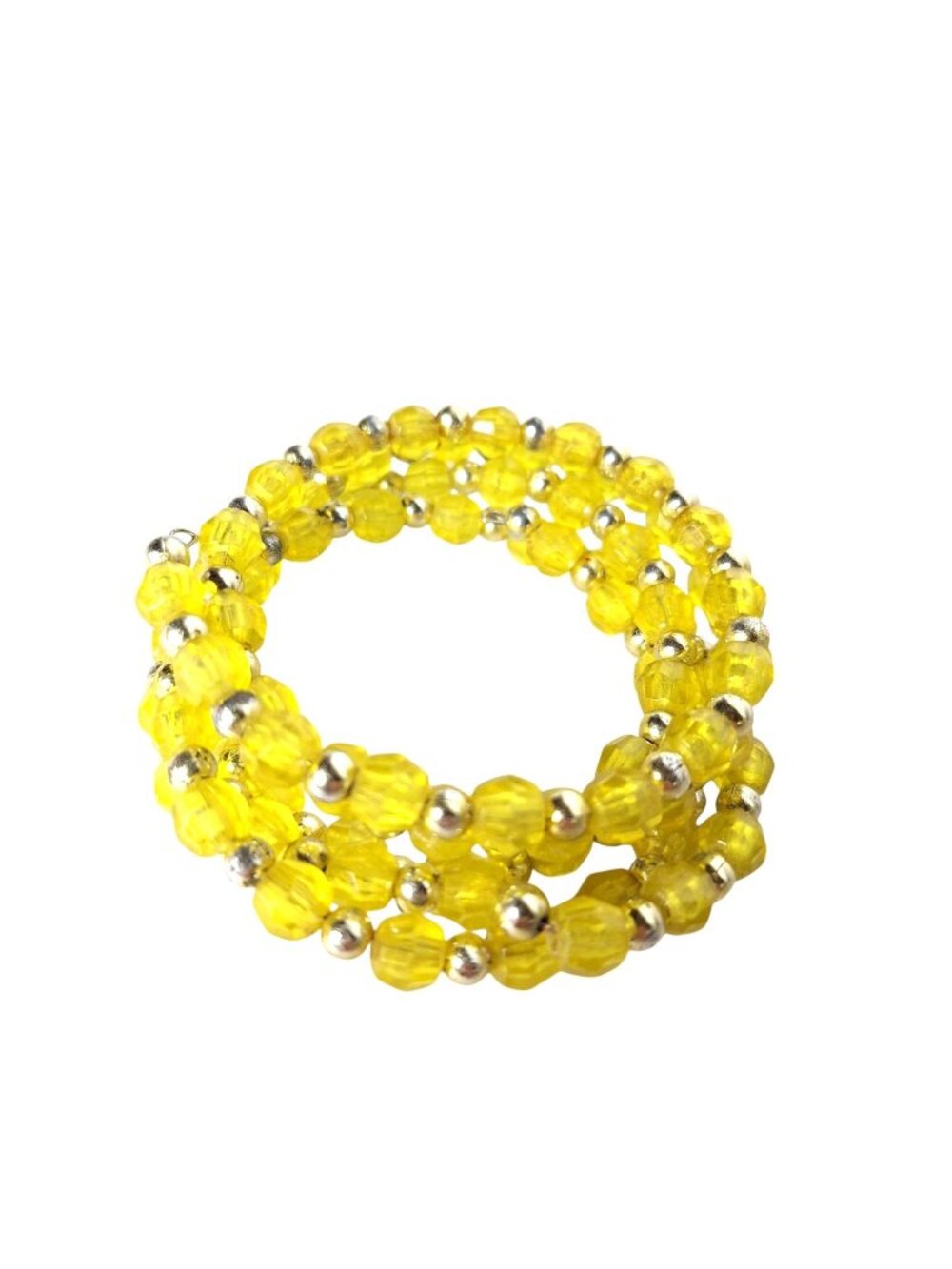 Yellow Faceted Bead Coil Bracelet Silver Tone Wire Wrap Multi Strand Memory Wire